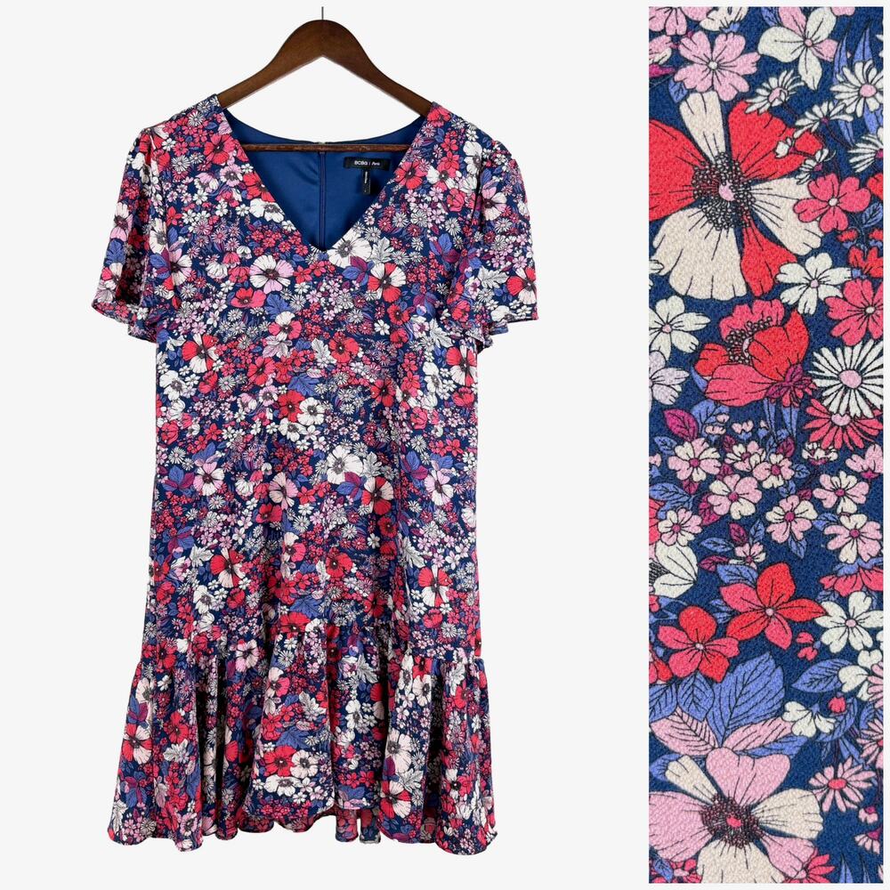 BCBG Paris Drop Waist Mini Dress Women L Floral Pink Blue Short Sleeve Fit Flare